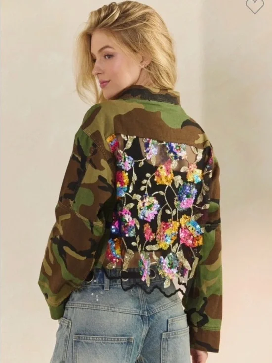 Camo Utility Jacket with Multicolor Sequin Floral Back - Picture 1 of 6